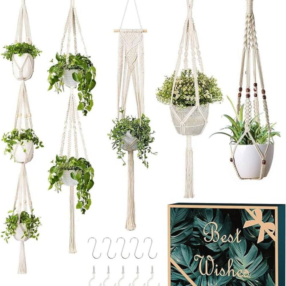 5 Pack Macrame Plant Hangers with 5 Hooks Different Tiers Handmade Cotton Rope